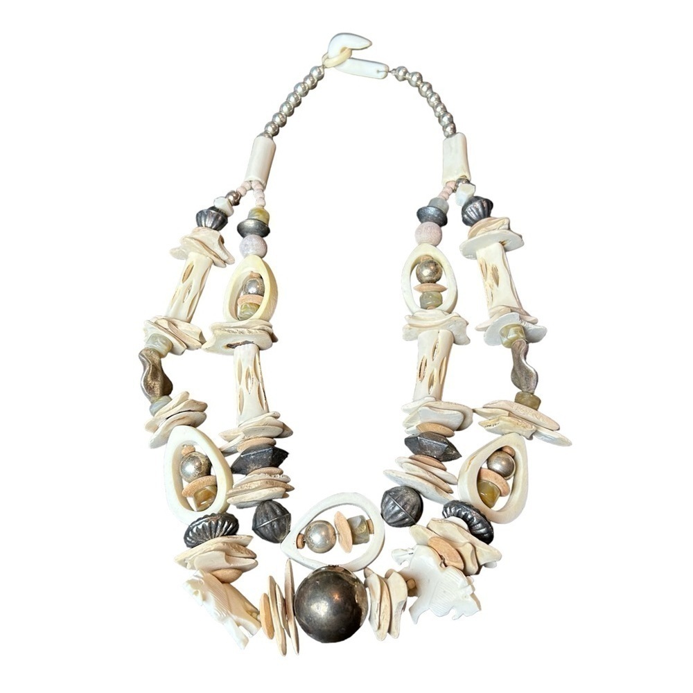 Bone Metal Stone Bead Vintage Two Tier Necklace Carved Lions Bone Hook Closure - Picture 6 of 16
